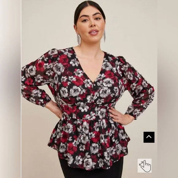 Torrid Peplum Chiffon Floral Blouson Sleeve Top - Picture 1 of 13